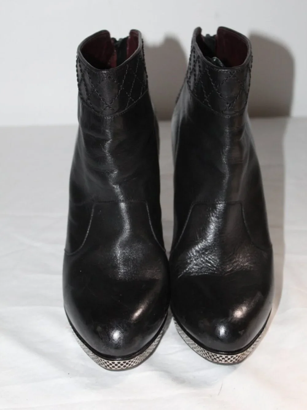 Chanel CC Logo Black Leather Metal Grille Platform Heeled Booties Pumps Boots 41